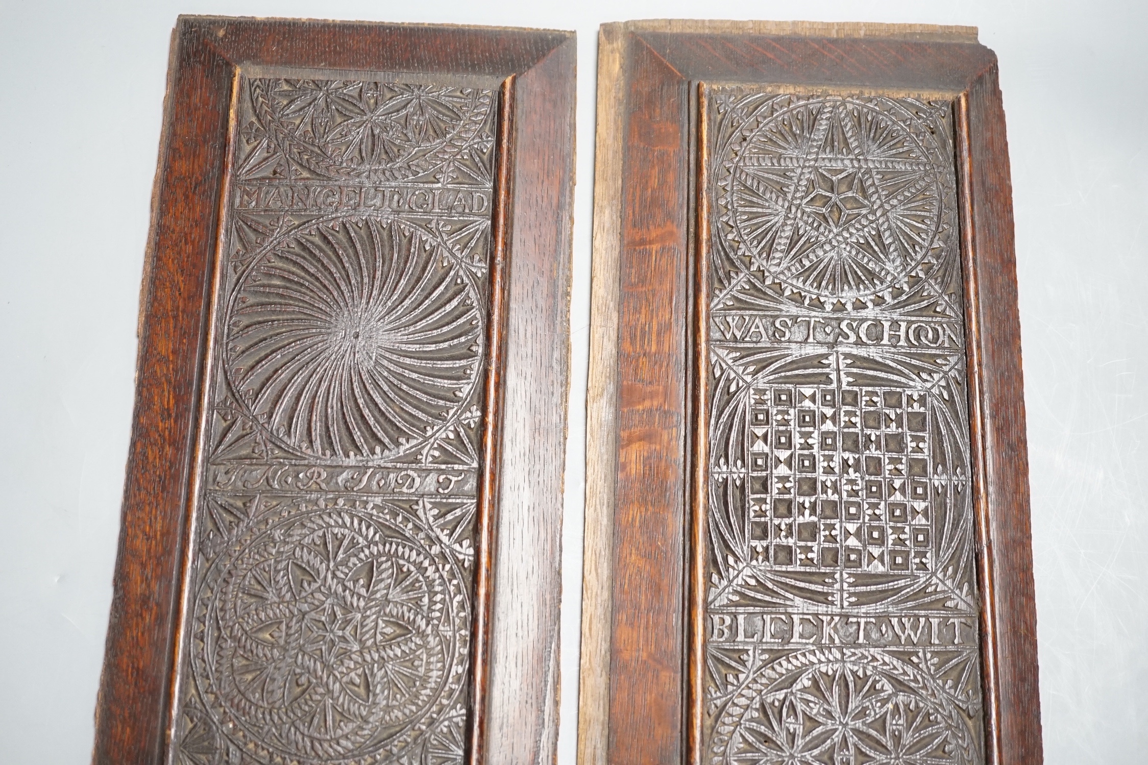 A pair of 18th century Scandinavian carved oak panels in later frames 18x36cm, possibly adapted from a mangle board